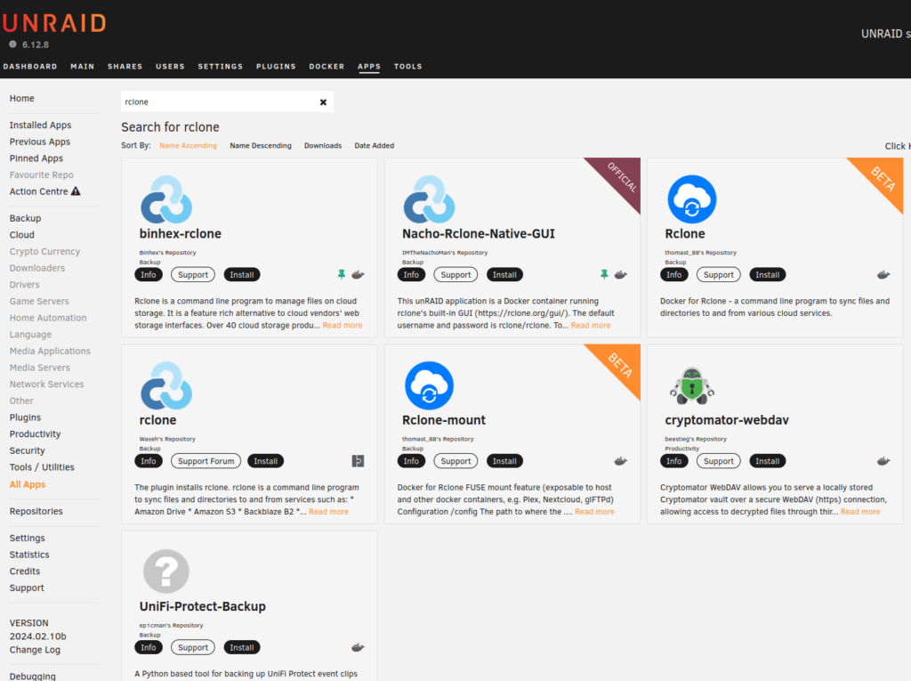 Screenshot aus dem Unraid Community-App-Store, die das Such-Ergebnis für "rclone" zeigt