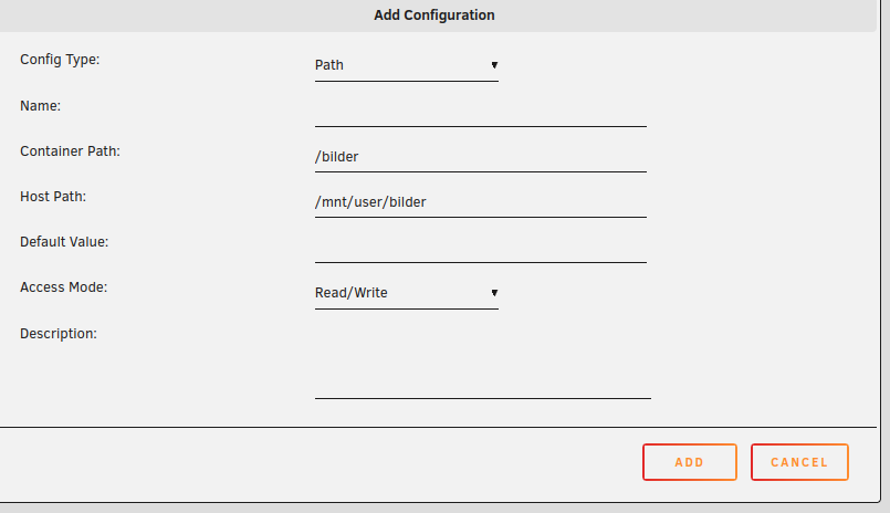 Screenshot aus der Unraid-Container-Ansicht, mit der ein neues Pfad-Mapping erstellt wird.
Container Path: /bilder
Host Path: /mnt/user/bilder
